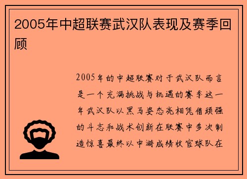 2005年中超联赛武汉队表现及赛季回顾