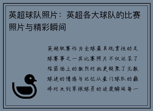 英超球队照片：英超各大球队的比赛照片与精彩瞬间
